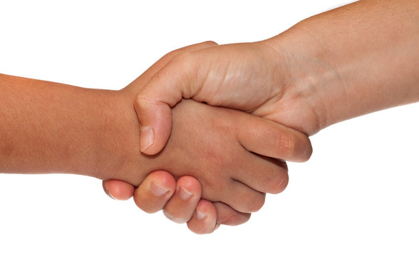 Adult and child shaking hands