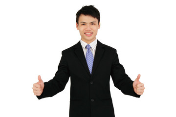 An Asian executive giving two thumbs up