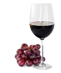 Red wine and grapes isolated on white background