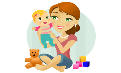 Woman with baby an toys
