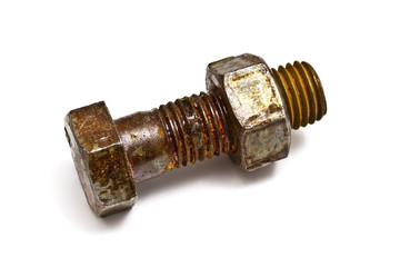 Rusty bolt and nut isolated on white