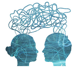 blue silhouette of man and woman thinking, relationship concept