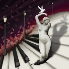 woman sculpture and bird in fantasy piano world, digital paintin