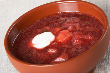Borsch in a brown ceramic plate