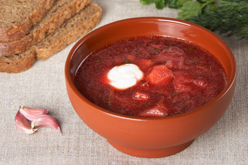 Borsch in a brown ceramic plate