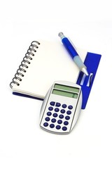 A pen, a calculator and a notebook