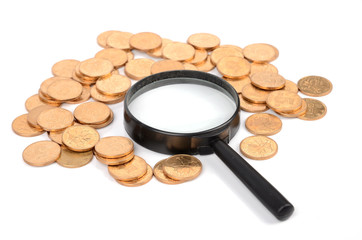 magnifier and coins