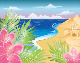 Fototapeta na wymiar Summer card with flowers and sandcastle. vector