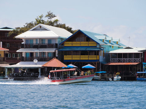 Hotels and restaurants on the waterfront in Bocas del Toro, Central America, Panama