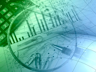 Pen, rulers and paper-clips, blues and greens