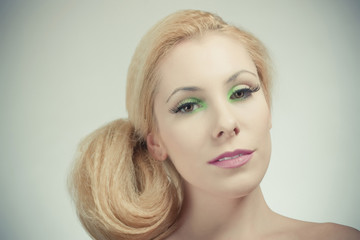 beautiful blond girl, joyful colorful makeup