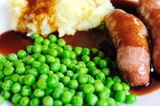 Sausage, Mash Potato And Green Peas