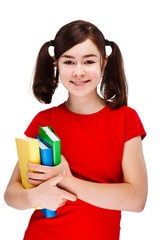 Girl holding books isolated on white background