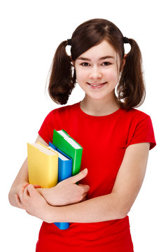 Girl Holding Books Isolated On White Background