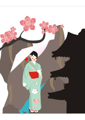 Girl in a kimono on a background mountains