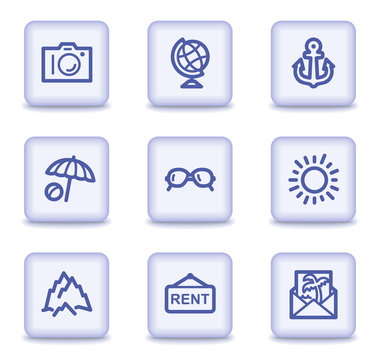 Travel web icons set 5, light violet glossy buttons