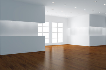 Interno vuoto da arredare con parquet e finestre