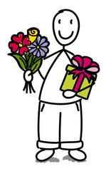 Enfant avec un bouquet et un paquet cadeau