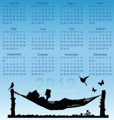 2012 calendar with woman reading in a hammock
