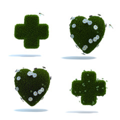 grünes Kreuz und Herz mit Blumen und Klee