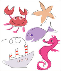 sea, marine life set funny illustration