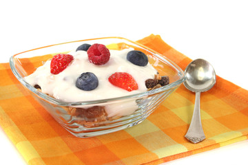 Müsli mit Joghurt, frischen Obst und Nüssen