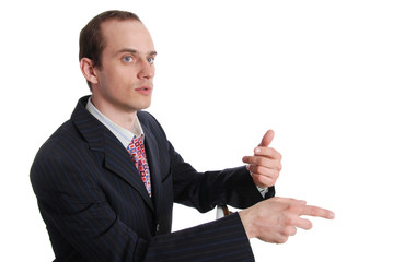 Portrait of pensive executive man   isolated on white background