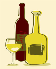 Different wine bottles and glass of wine