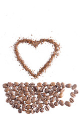 drawing of a cup and heart with roasted and ground coffee beans