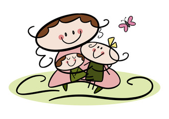 Bunte Zeichnung: Mutter und Kinder