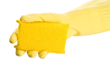 hand in yellow glove with sponge