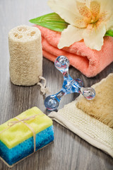 accessories for taking bath on wooden background