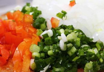 A close up image of chopped onions and tomato
