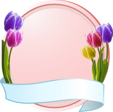 Tulips On A Pink Border With Blue Banner