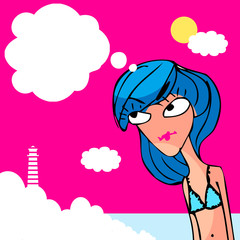 Summer beach girl cartoon doodley thinking or talking