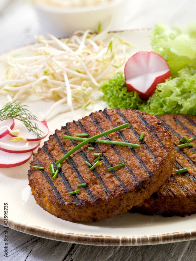 Poster vegetarian hamburger with soy sprout radish and salad