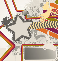 Urban retro vector composition with city skyline and motorcyclis