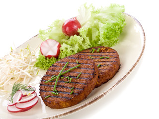 vegetarian hamburger with soy sprout radish and salad