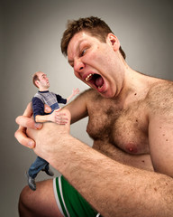 Angry man screaming on afraid nerd