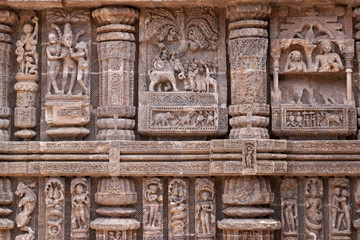 Religious carvings on Hindu Temple at Konark, Orissa, India.