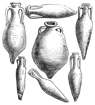 Greek and Roman amphora vases vintage engraving.