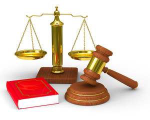 Scales justice and hammer on white background. Isolated 3D image