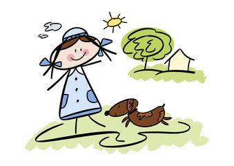 Fototapeta premium Bunte Zeichnung: Fröhliches Mädchen mit Hund