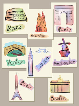 European cities sights in watercolours