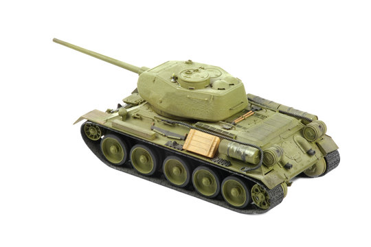 plastic model of soviet tank isolated on white background