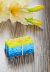 soap bath sponge and flower