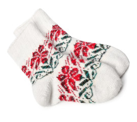 winter knitted woolen socks isolated on white background
