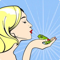 Young woman kissing a frog