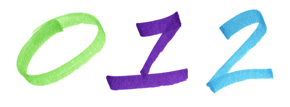 Numbers 0-2 on white