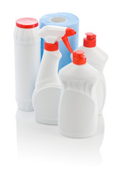 bottles for cleaning and blue towel